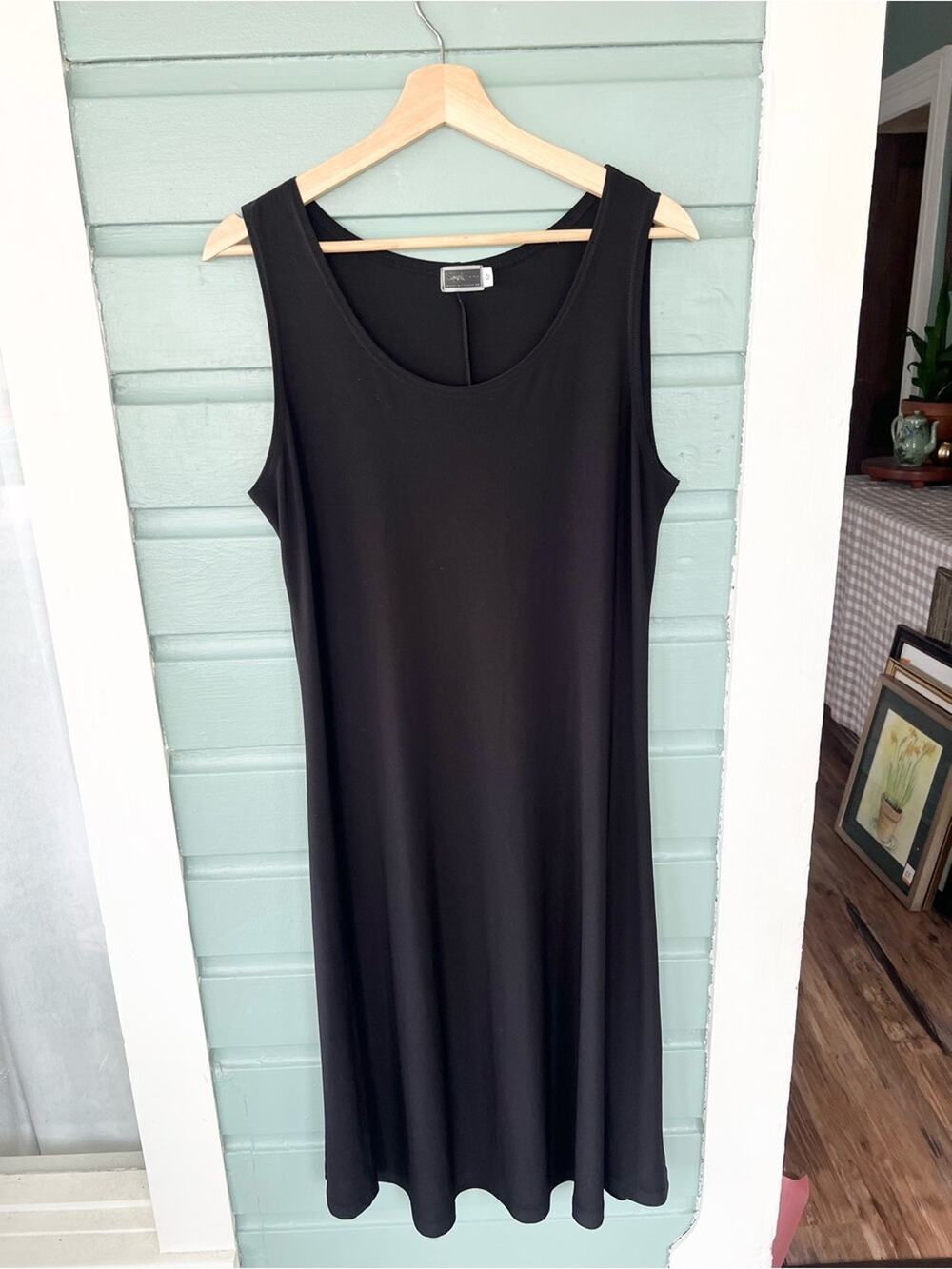 Sympli black scoop neck jersey knit tank dress knee midi size 12 minimalist